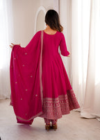 Festive Wear Pink Vichitra Silk Anarkali with Fancy Lace Work Dupatta

