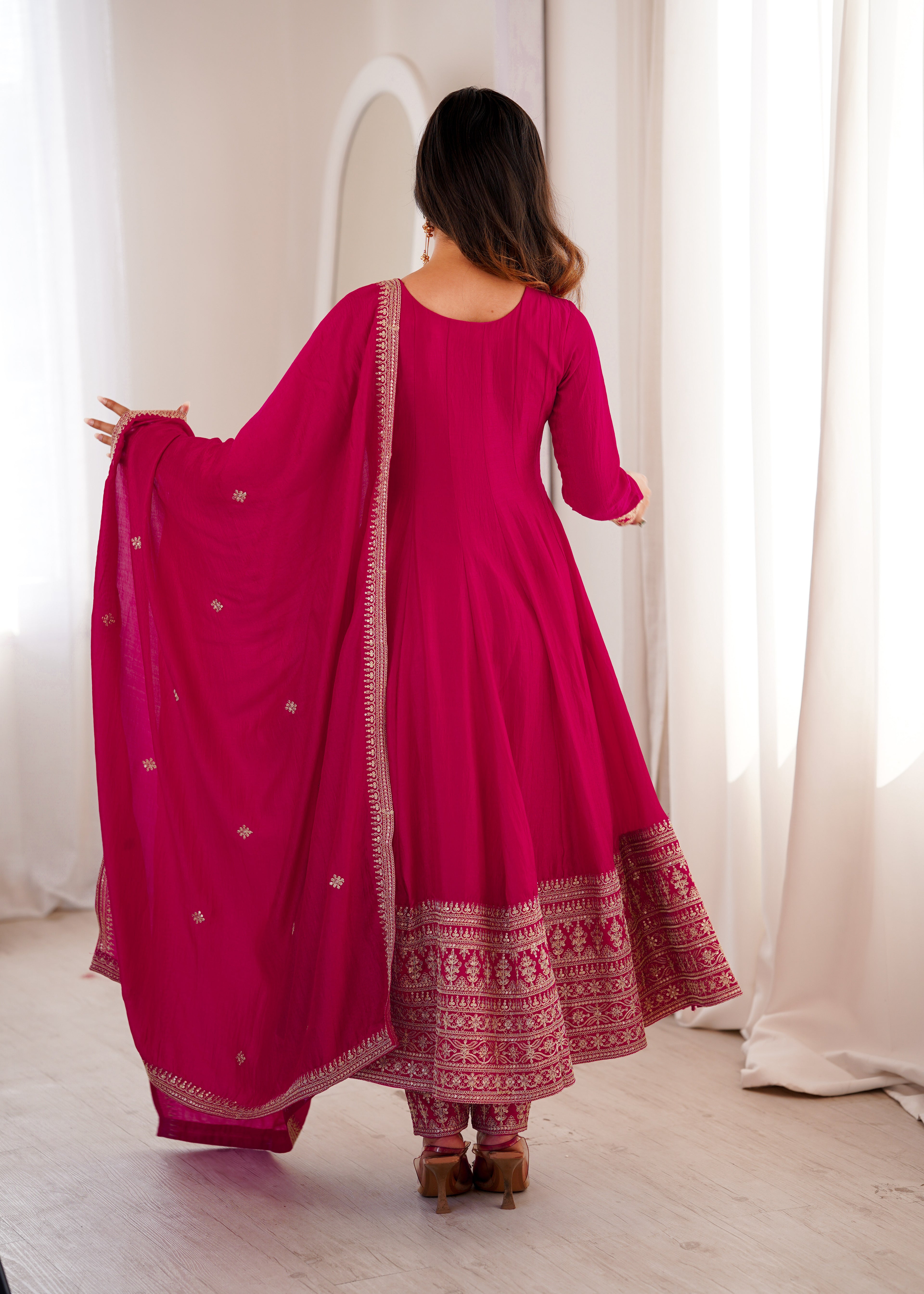 Festive Wear Pink Vichitra Silk Anarkali with Fancy Lace Work Dupatta

