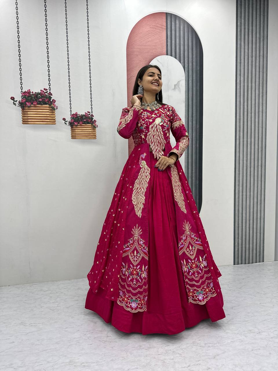 Festival Special Vichitra Silk Crop Top with Shrug & Lehenga
