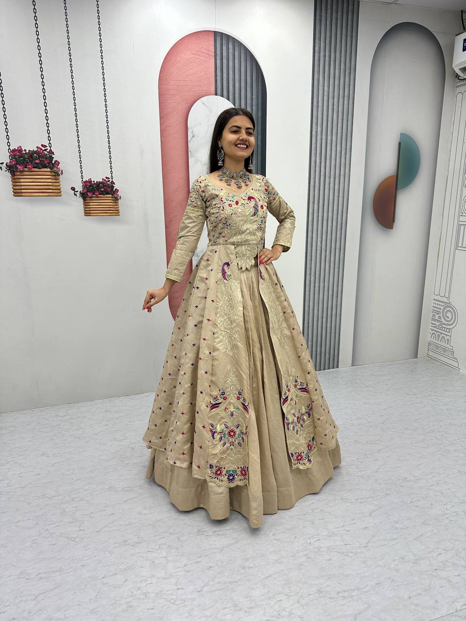 Festival Special Vichitra Silk Crop Top with Shrug & Lehenga

