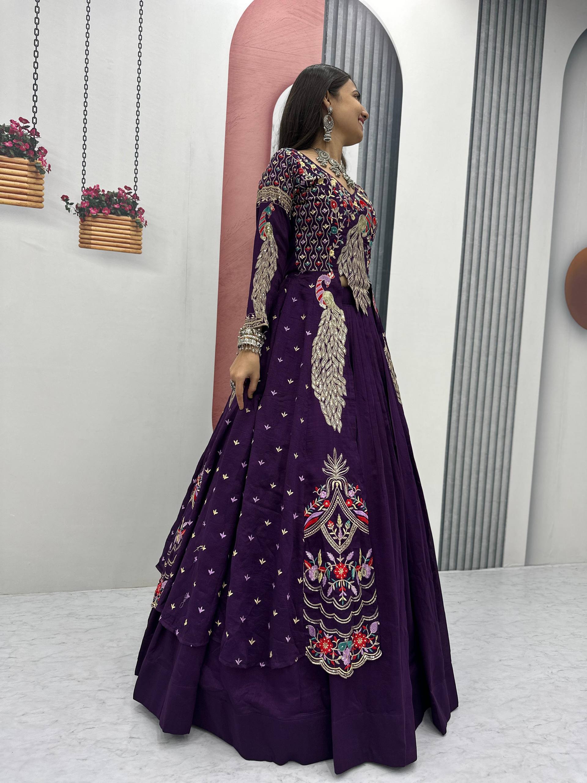 Festival Special Vichitra Silk Crop Top with Shrug & Lehenga
