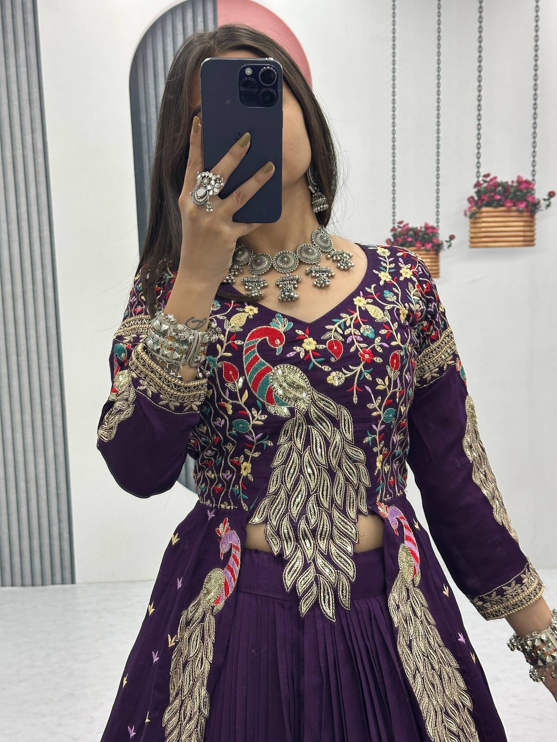 Festival Special Vichitra Silk Crop Top with Shrug & Lehenga

