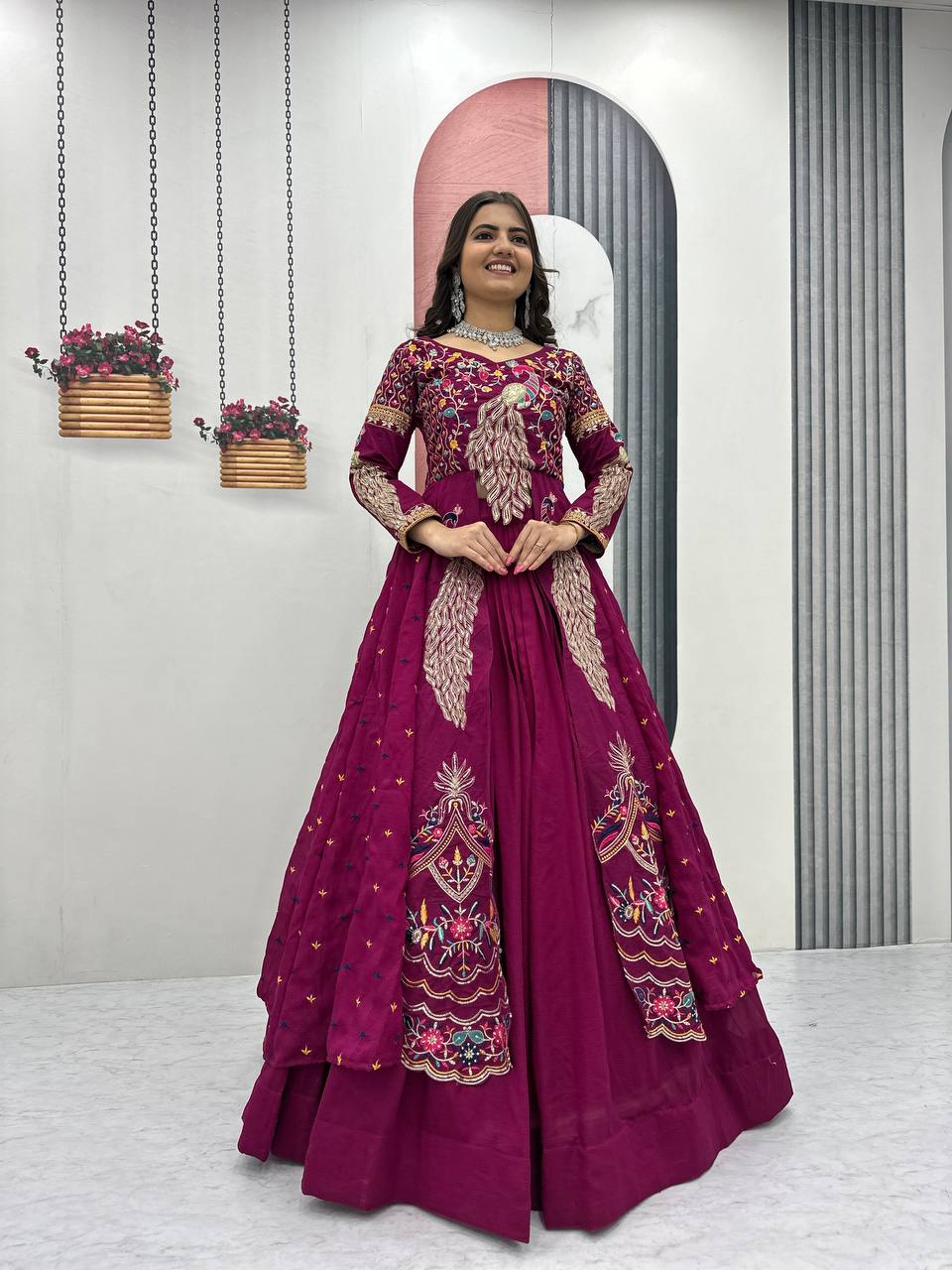 Festival Special Vichitra Silk Crop Top with Shrug & Lehenga
