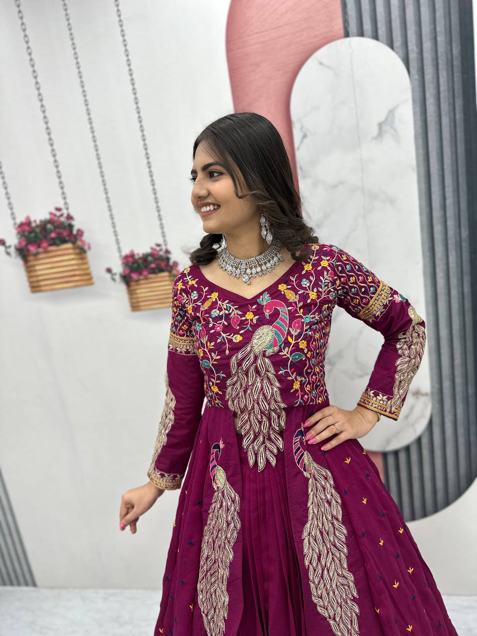 Festival Special Vichitra Silk Crop Top with Shrug & Lehenga
