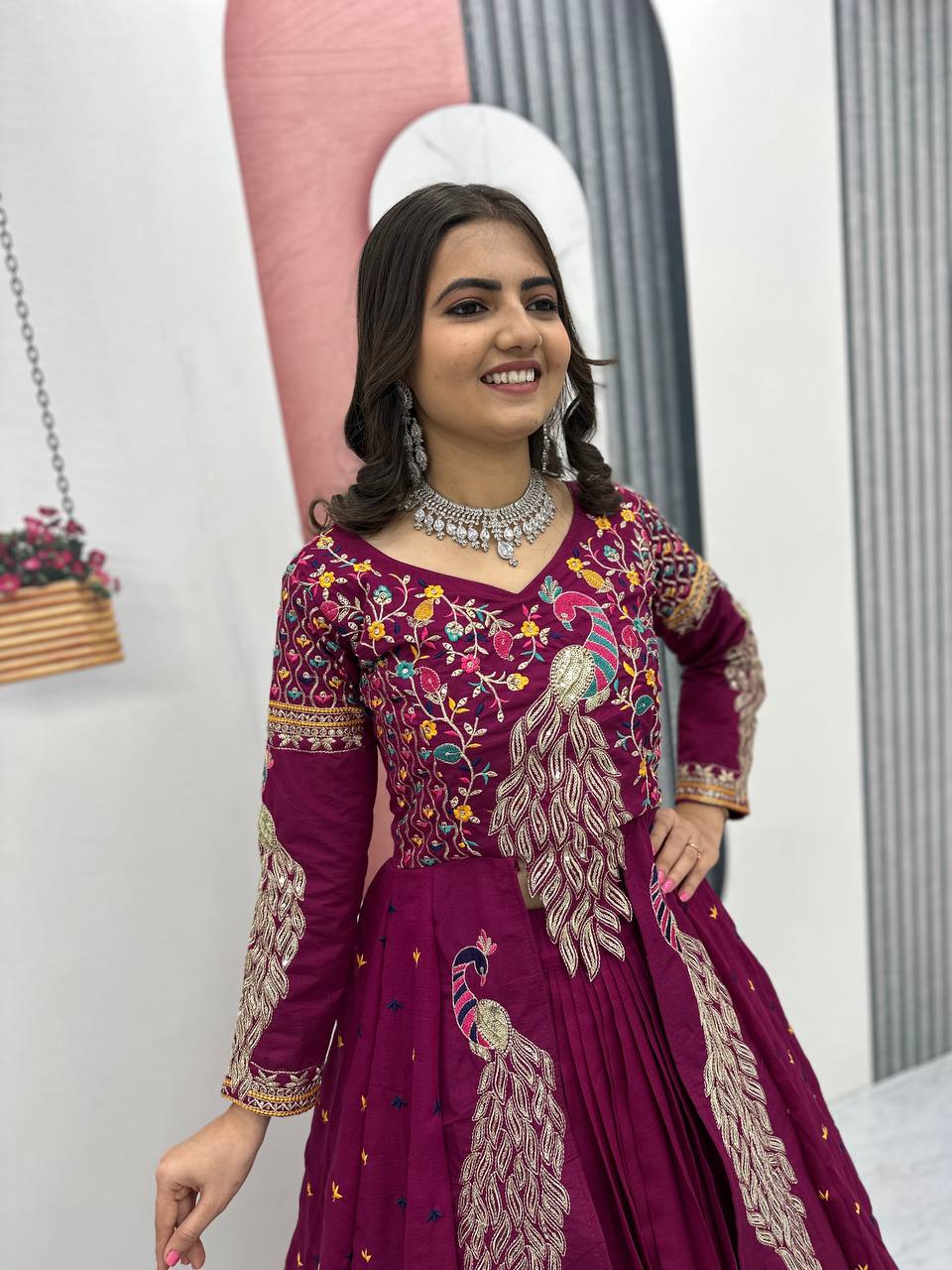 Festival Special Vichitra Silk Crop Top with Shrug & Lehenga
