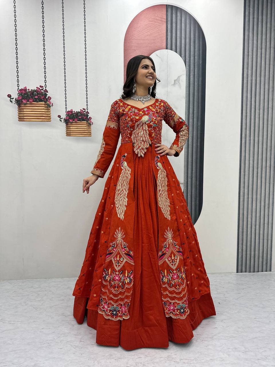 Festival Special Vichitra Silk Crop Top with Shrug & Lehenga
