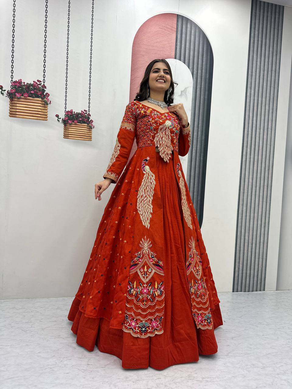 Festival Special Vichitra Silk Crop Top with Shrug & Lehenga
