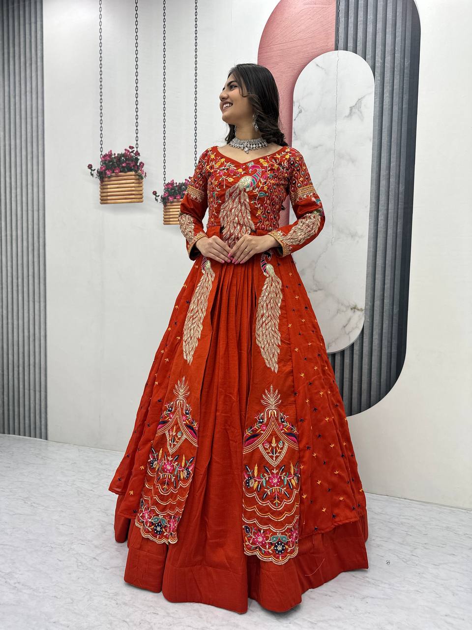 Festival Special Vichitra Silk Crop Top with Shrug & Lehenga
