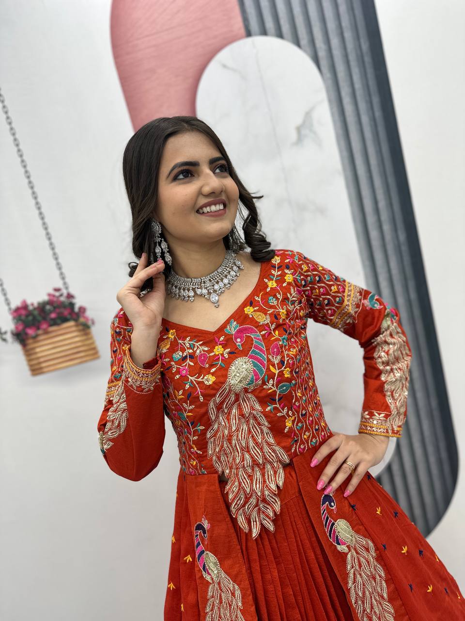 Festival Special Vichitra Silk Crop Top with Shrug & Lehenga
