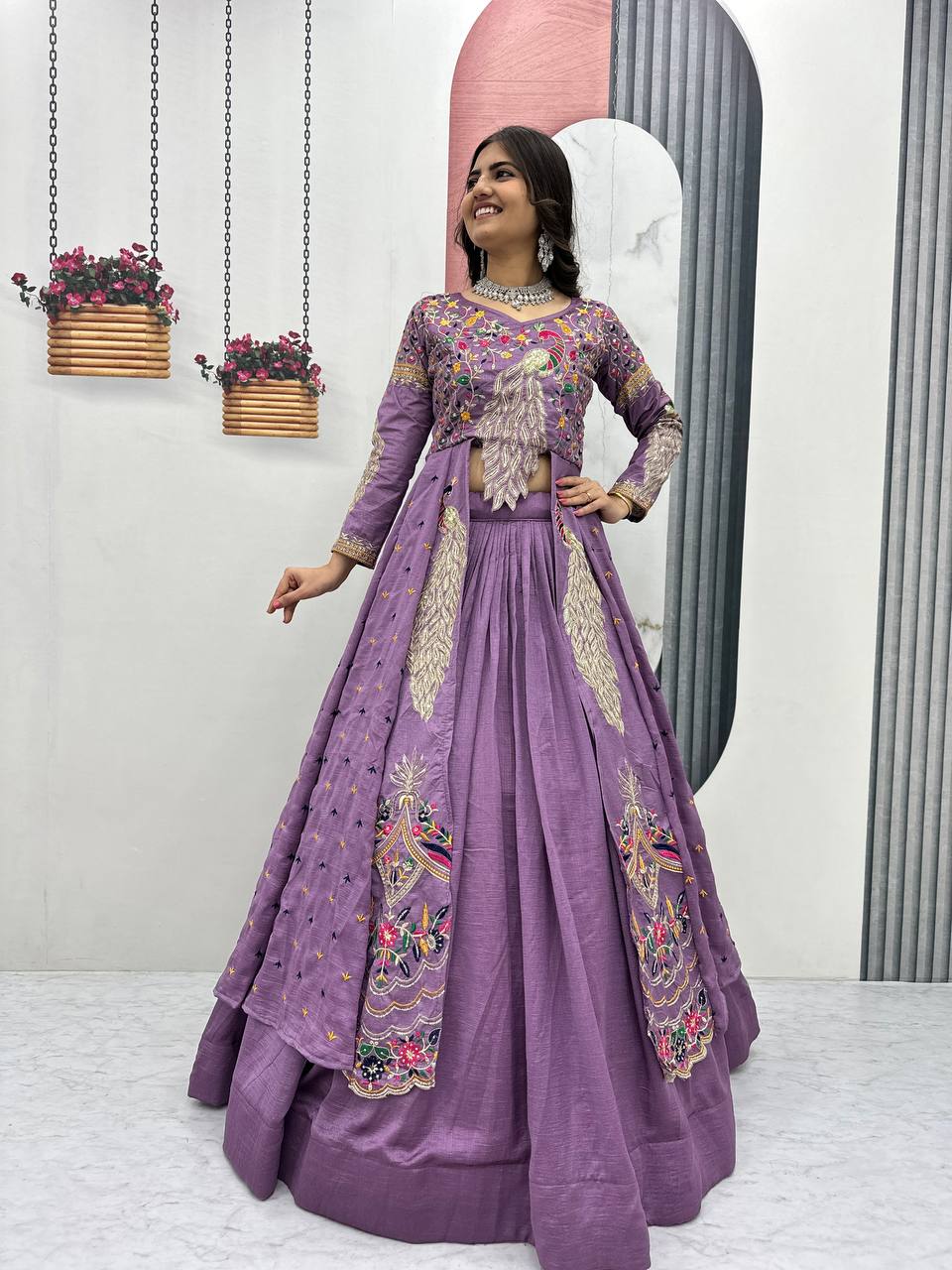 Festival Special Vichitra Silk Crop Top with Shrug & Lehenga
