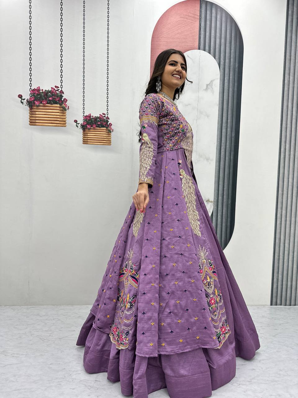 Festival Special Vichitra Silk Crop Top with Shrug & Lehenga
