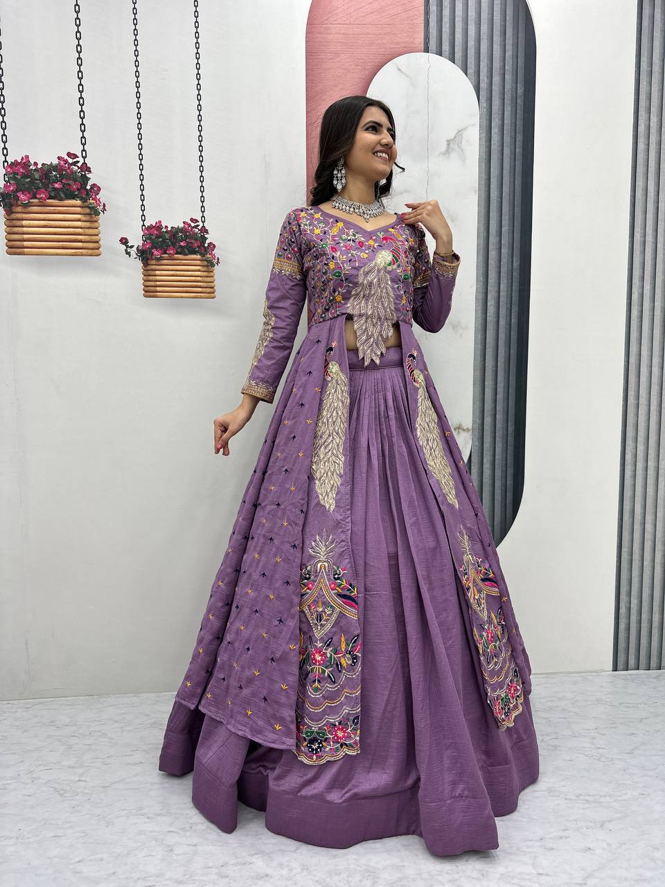 Festival Special Vichitra Silk Crop Top with Shrug & Lehenga
