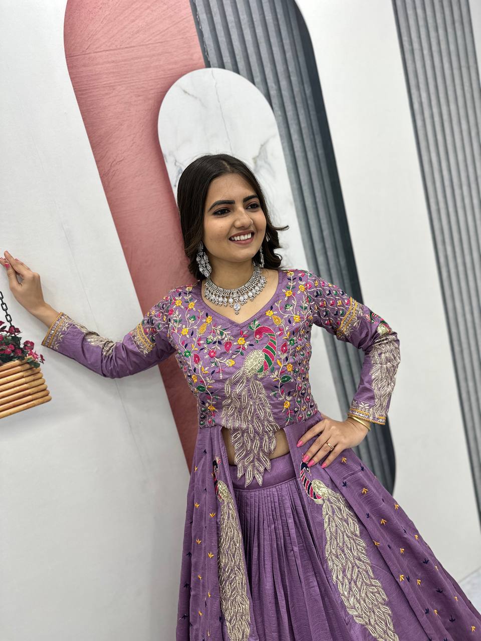 Festival Special Vichitra Silk Crop Top with Shrug & Lehenga
