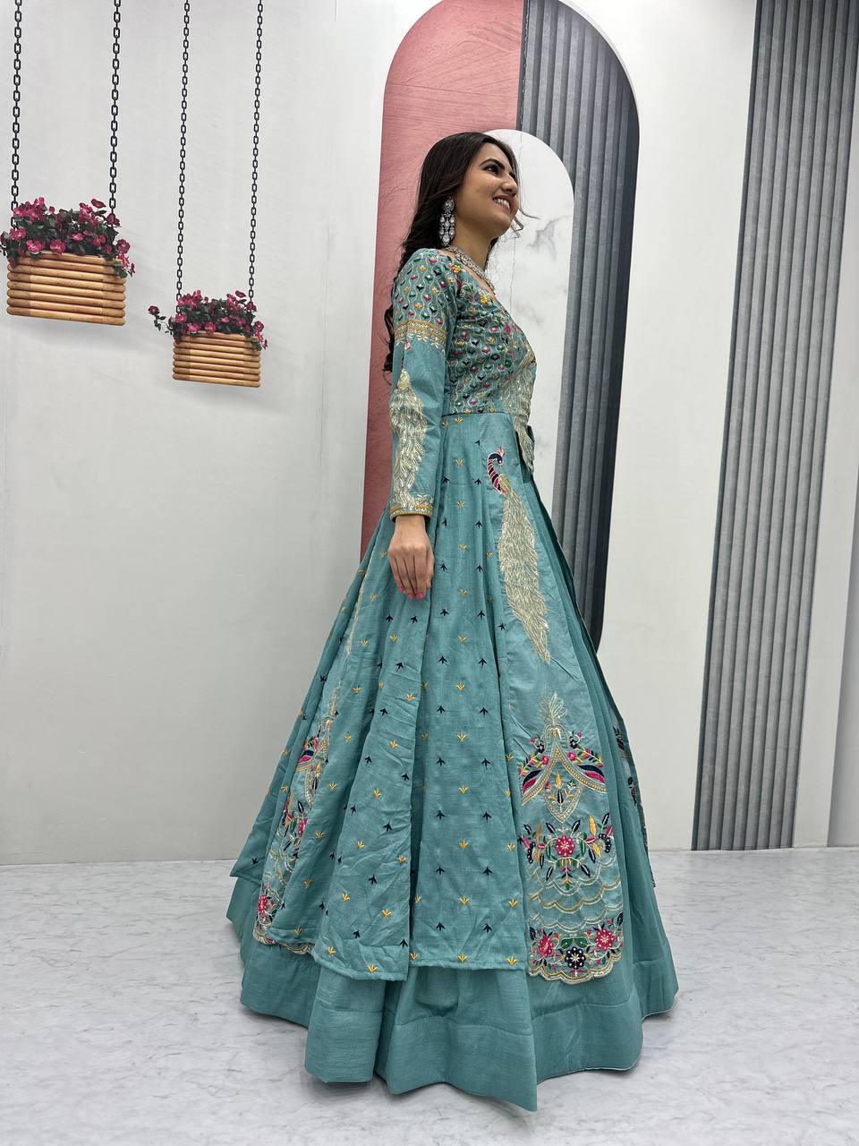 Festival Special Vichitra Silk Crop Top with Shrug & Lehenga
