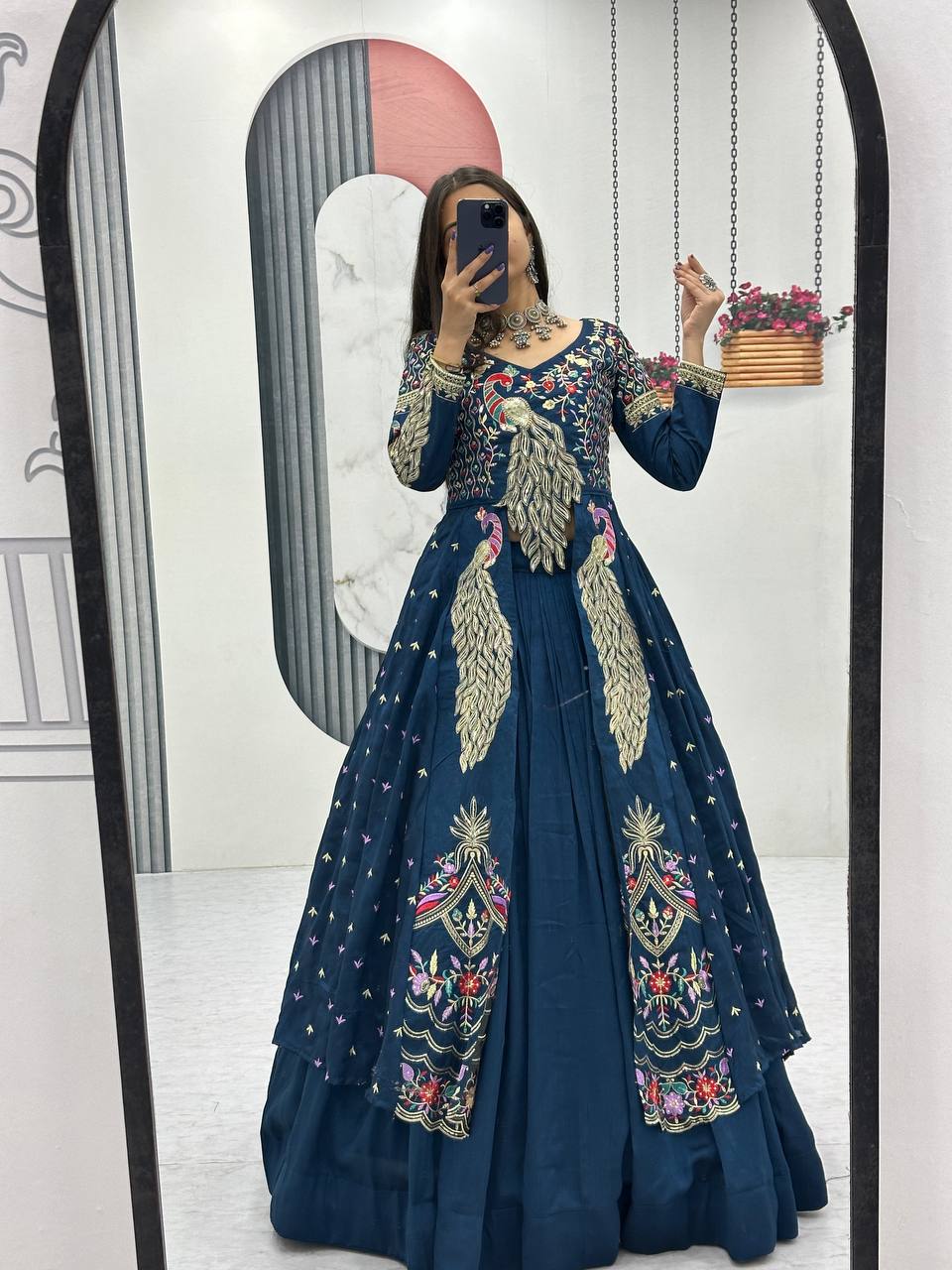 Festival Special Vichitra Silk Crop Top with Shrug & Lehenga
