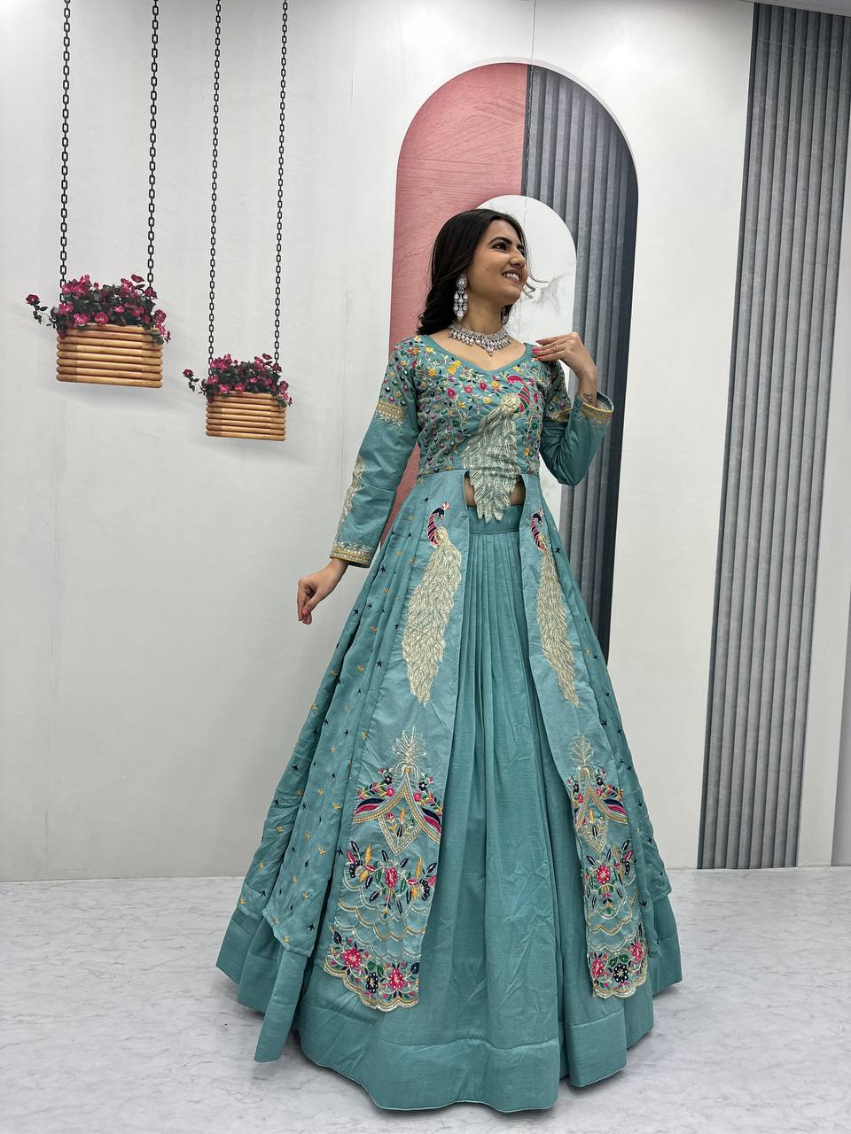 Festival Special Vichitra Silk Crop Top with Shrug & Lehenga
