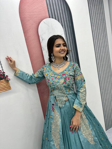 Festival Special Vichitra Silk Crop Top with Shrug & Lehenga
