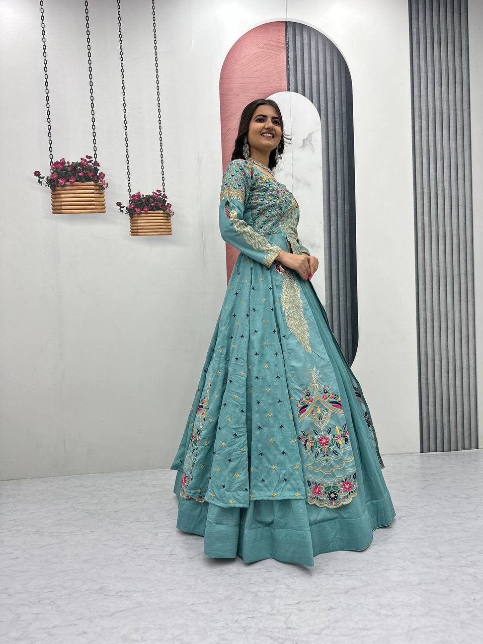 Festival Special Vichitra Silk Crop Top with Shrug & Lehenga

