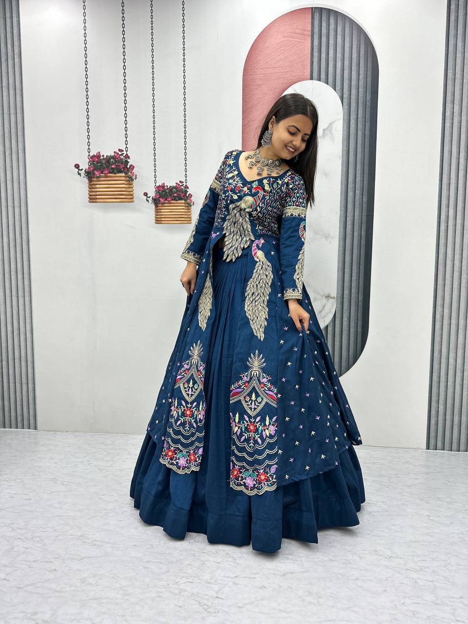 Festival Special Vichitra Silk Crop Top with Shrug & Lehenga

