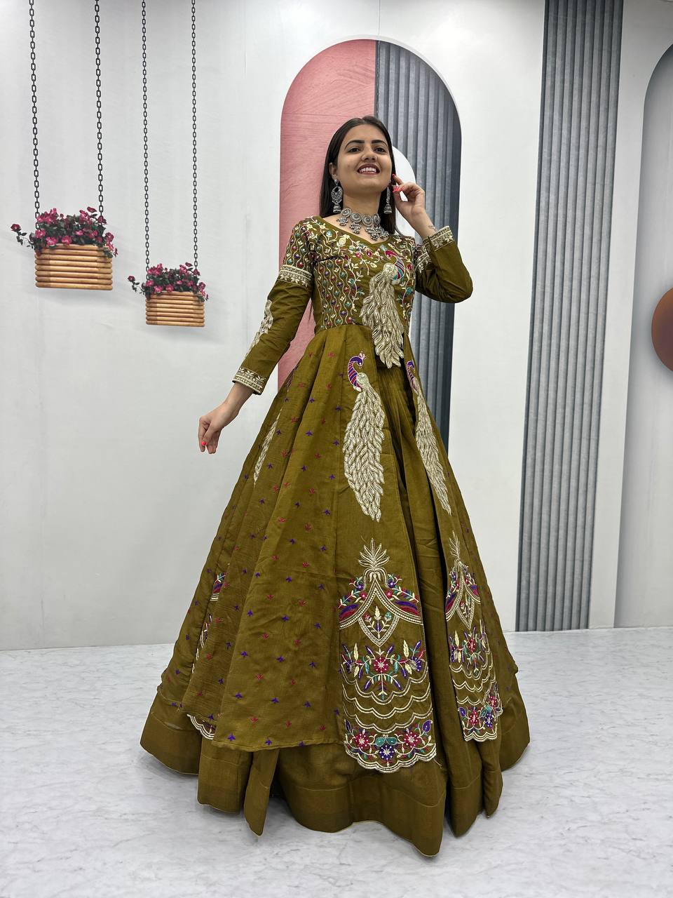 Festival Special Vichitra Silk Crop Top with Shrug & Lehenga
