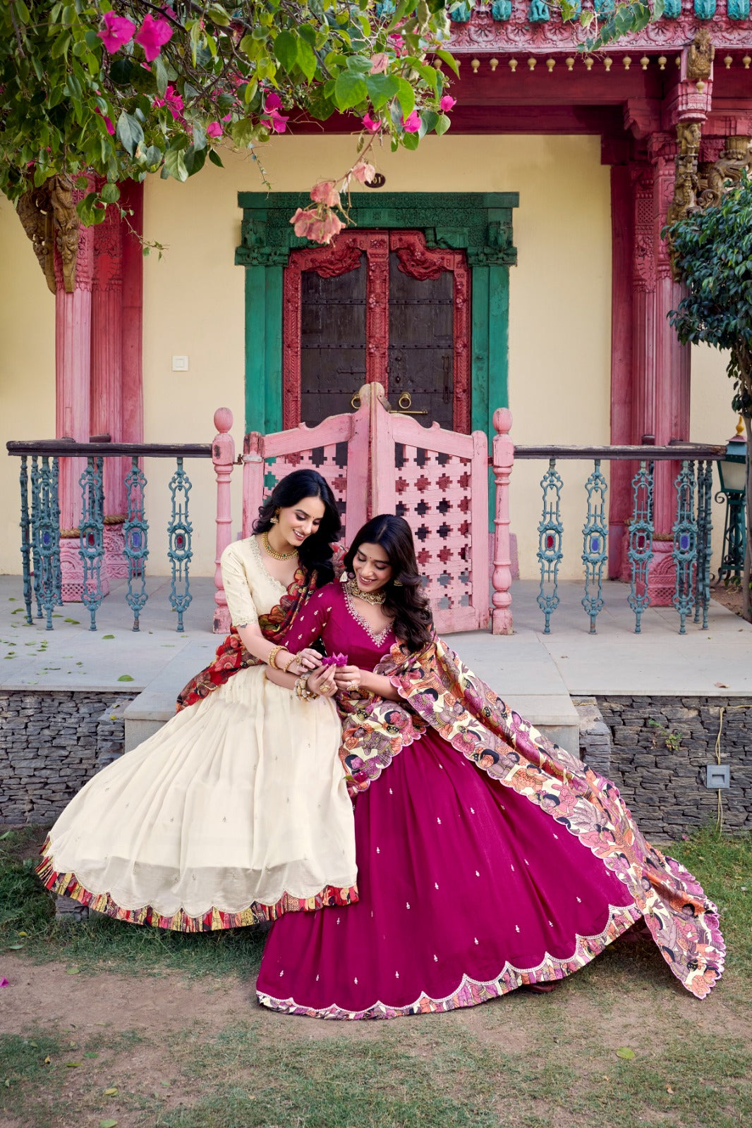 Elegant Vichitra Silk Embroidered Work Lehenga Set with Dupatta For Women