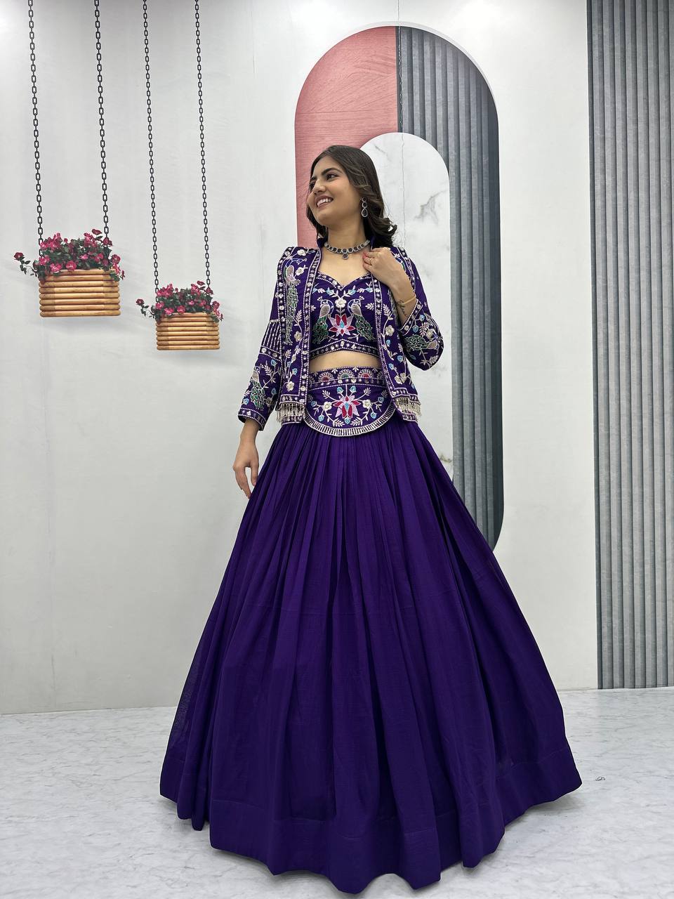 Stunning Vichitra Silk Lehenga Choli with Embroidered Jacket