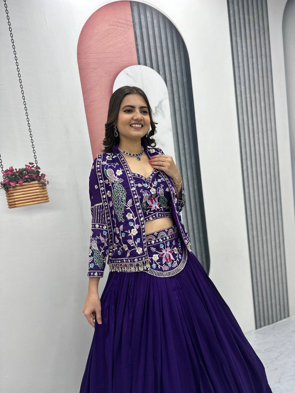 Stunning Vichitra Silk Lehenga Choli with Embroidered Jacket