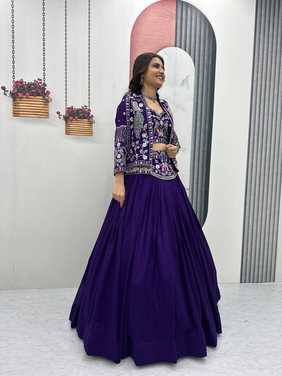 Stunning Vichitra Silk Lehenga Choli with Embroidered Jacket