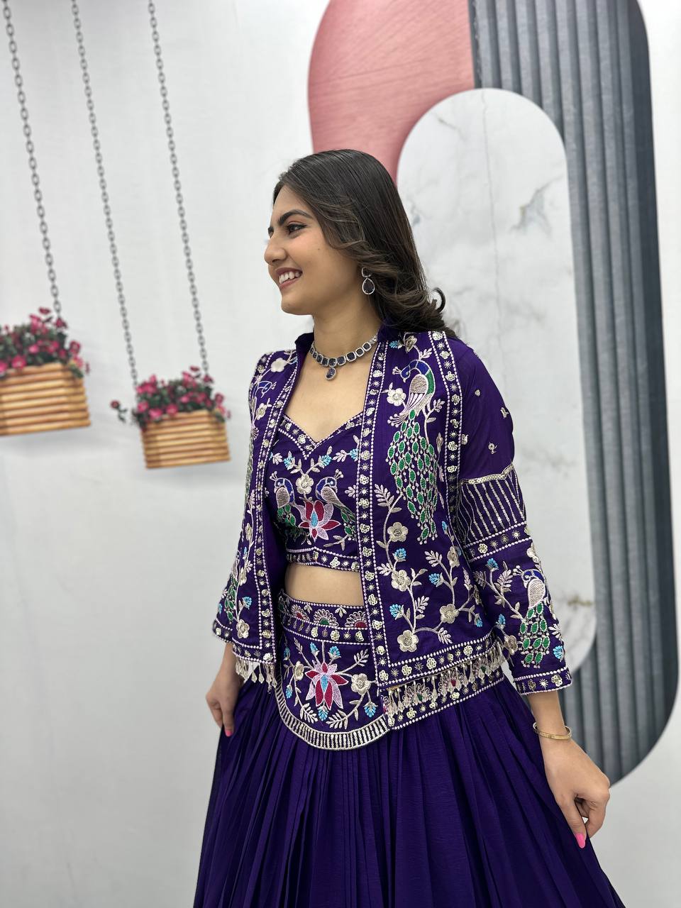Stunning Vichitra Silk Lehenga Choli with Embroidered Jacket