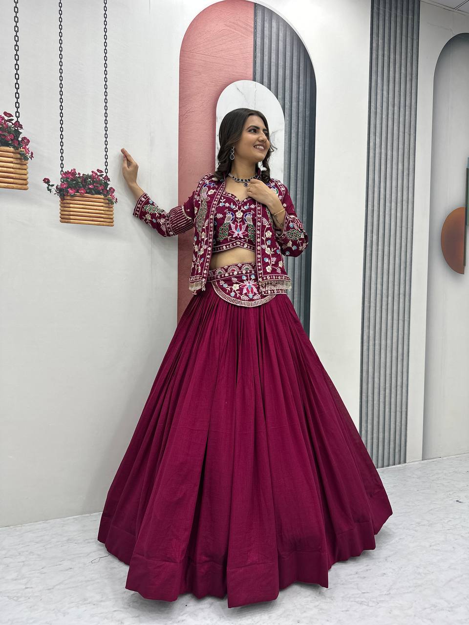 Stunning Vichitra Silk Lehenga Choli with Embroidered Jacket