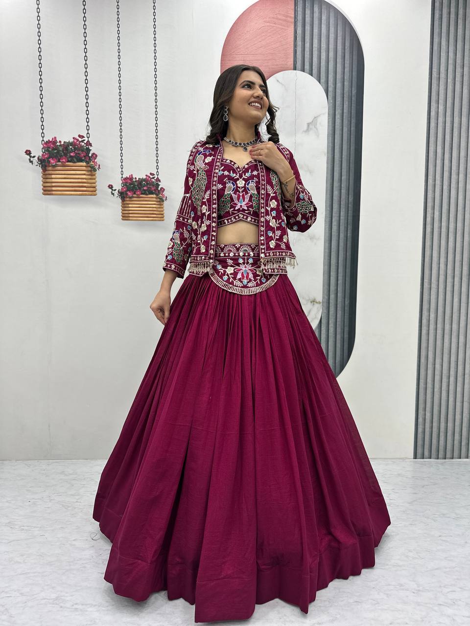 Stunning Vichitra Silk Lehenga Choli with Embroidered Jacket