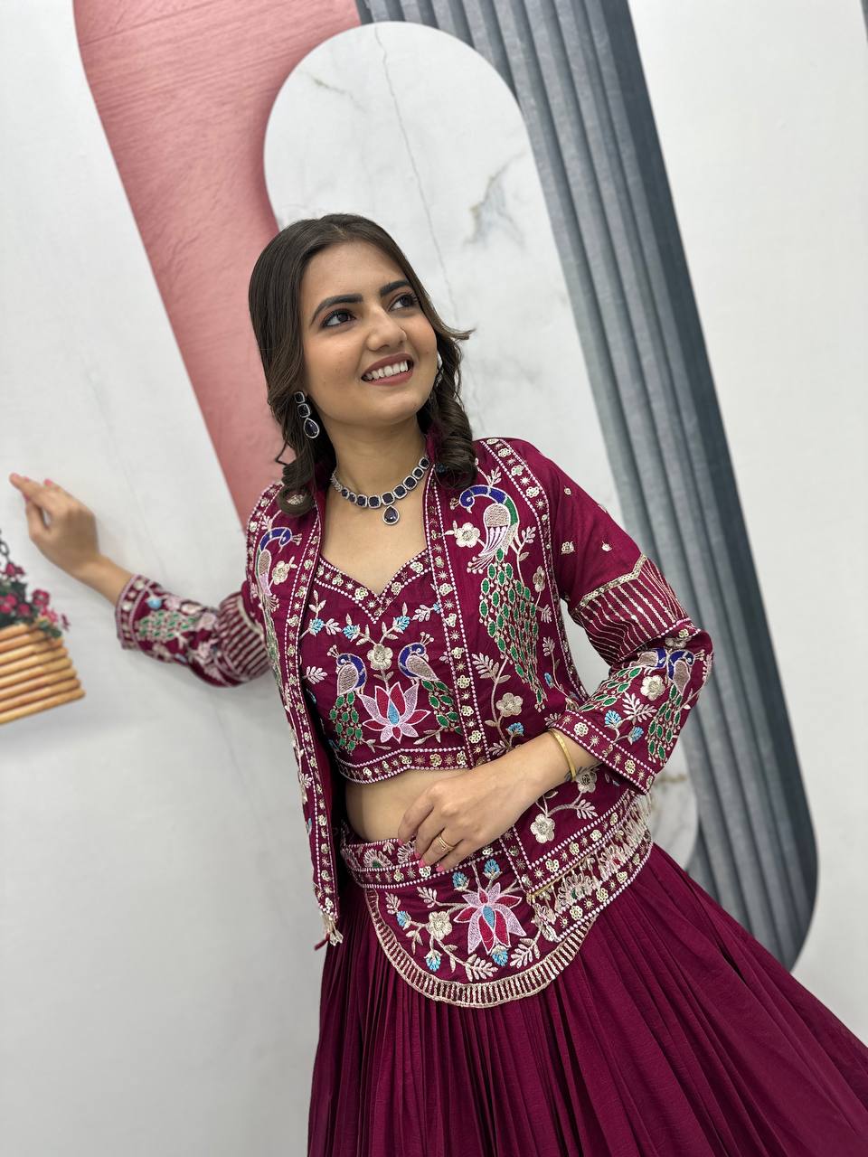 Stunning Vichitra Silk Lehenga Choli with Embroidered Jacket