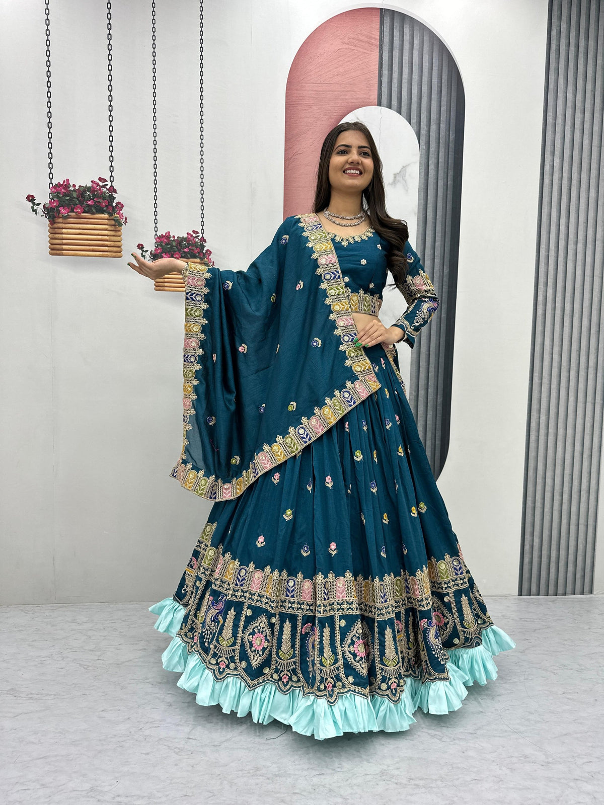 Festival Wear Heavy Embroidered Vichitra Silk Lehenga Choli Set
