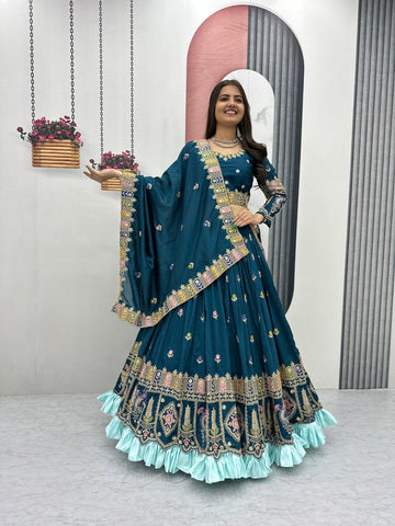 Festival Wear Heavy Embroidered Vichitra Silk Lehenga Choli Set

