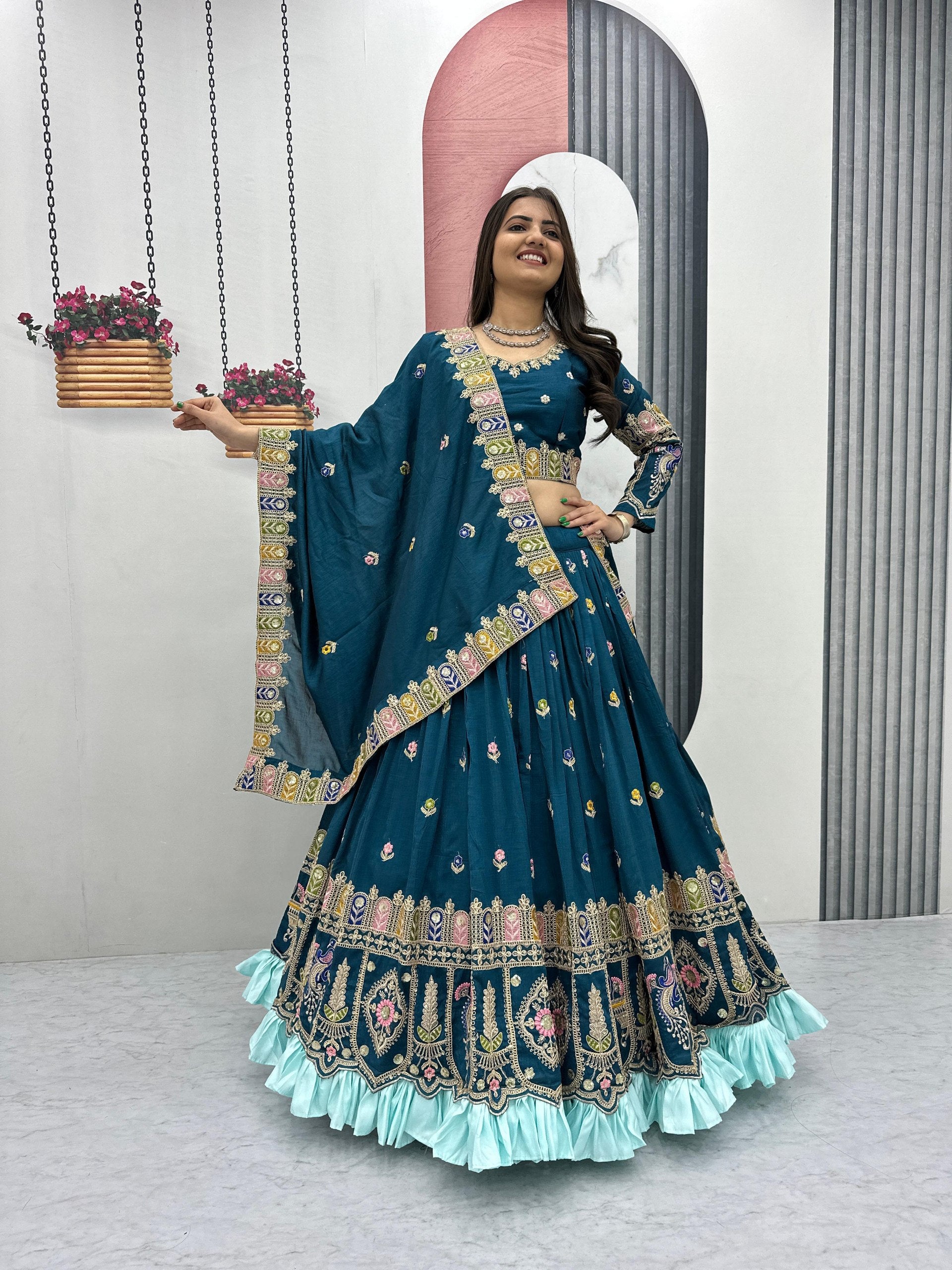 Festival Wear Heavy Embroidered Vichitra Silk Lehenga Choli Set
