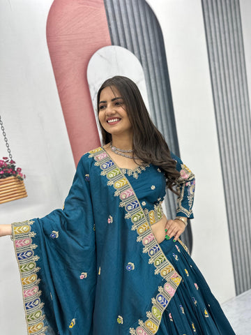 Festival Wear Heavy Embroidered Vichitra Silk Lehenga Choli Set
