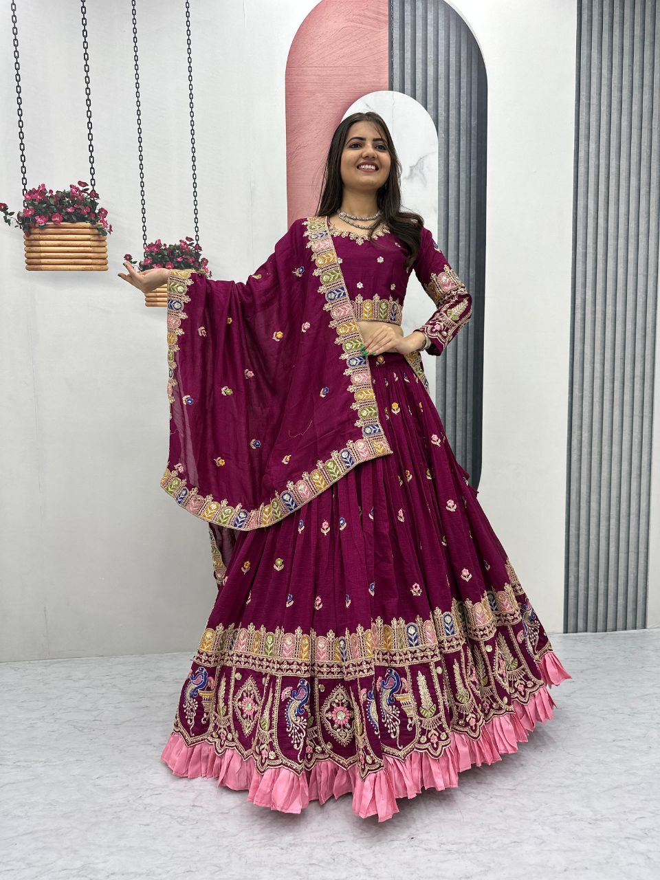 Festival Wear Heavy Embroidered Vichitra Silk Lehenga Choli Set
