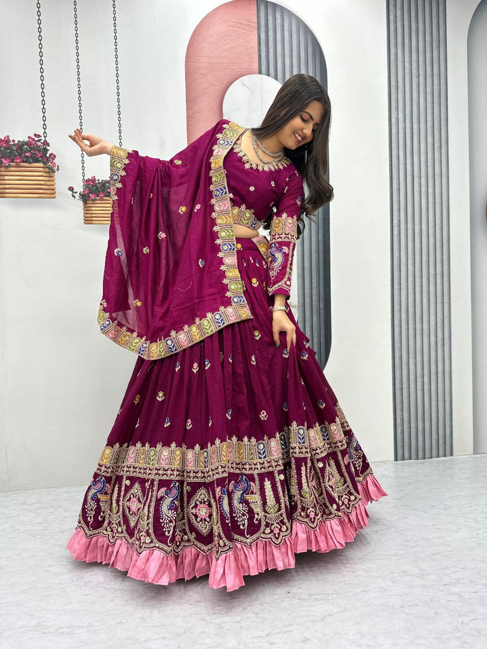 Festival Wear Heavy Embroidered Vichitra Silk Lehenga Choli Set
