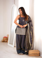 Dark Blue NC Vichitra Silk Embroidery Work Suit Farshi Shalwar Set
