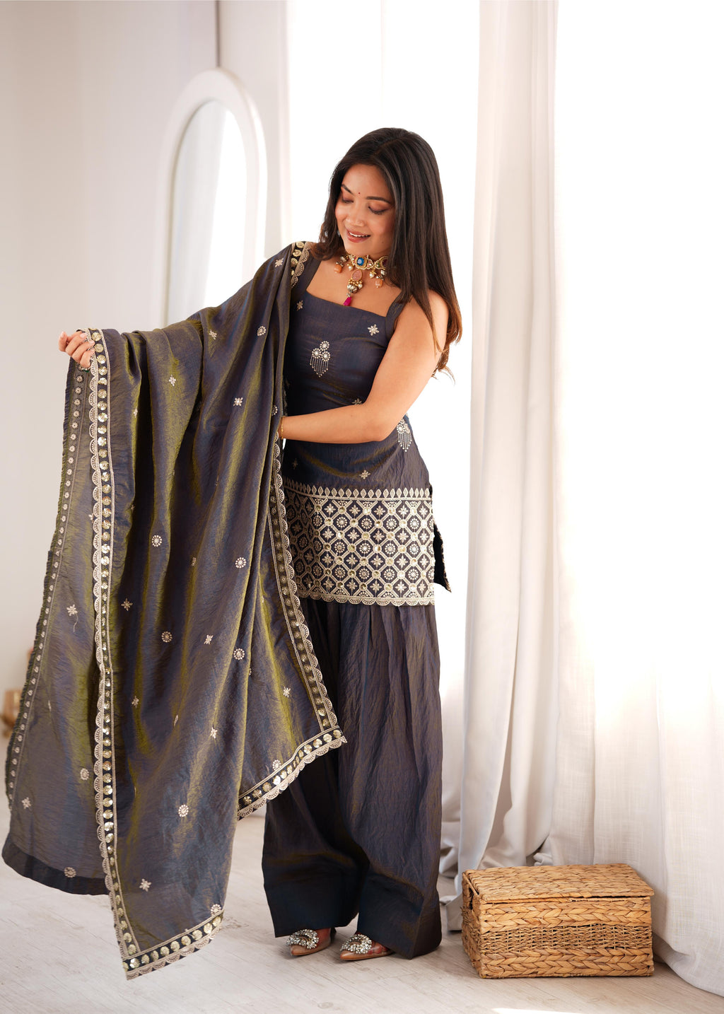 Dark Blue NC Vichitra Silk Embroidery Work Suit Farshi Shalwar Set
