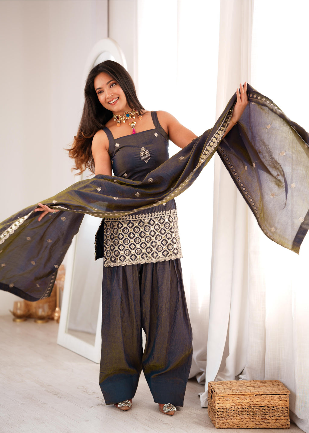 Dark Blue NC Vichitra Silk Embroidery Work Suit Farshi Shalwar Set
