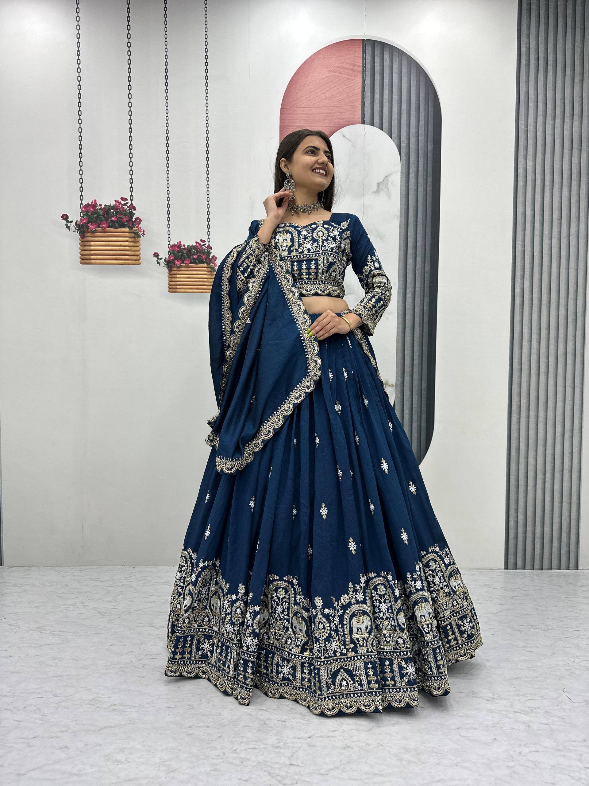 Designer Vichitra Silk Heavy Embroidered Lehenga Choli for Women