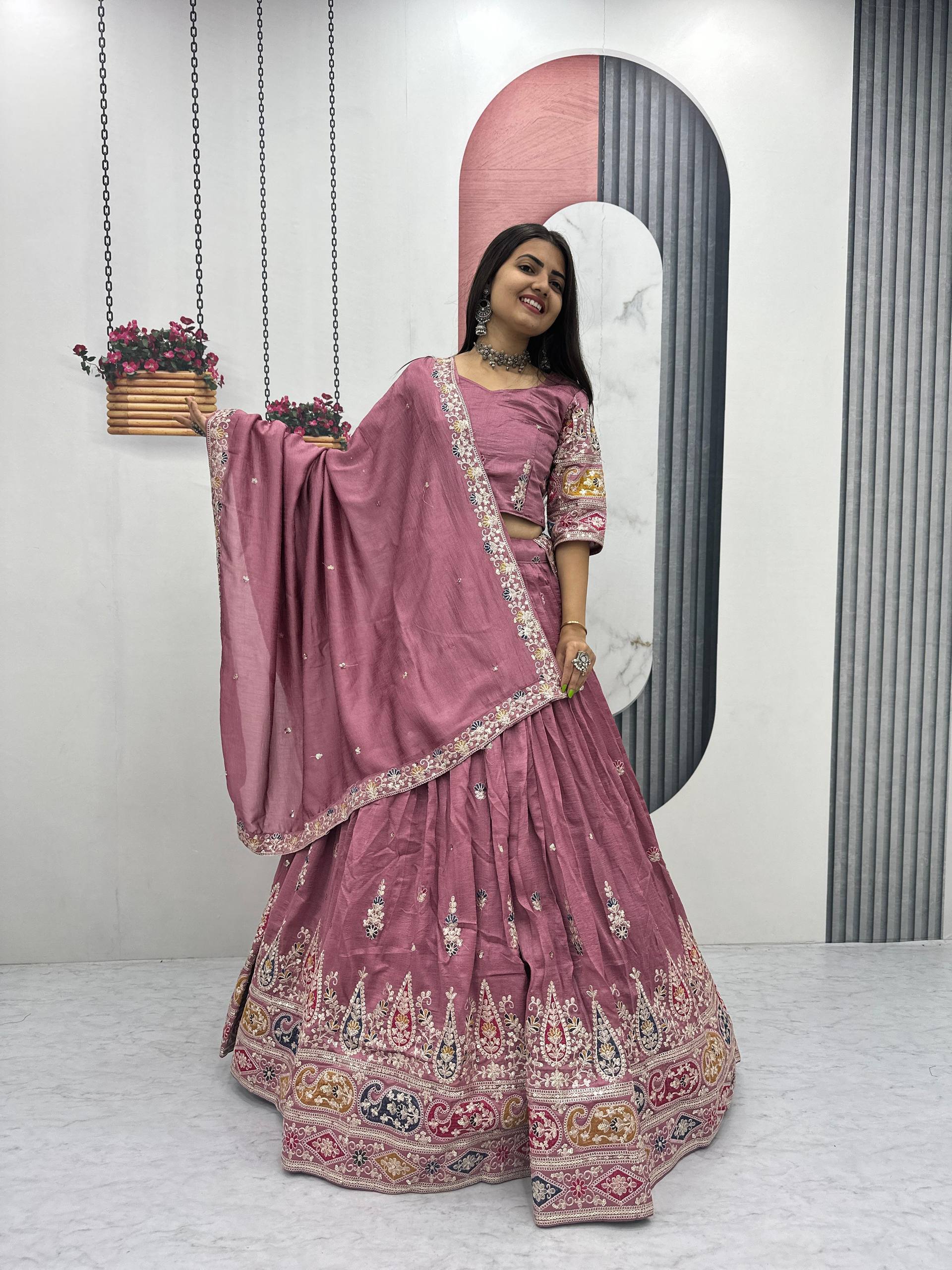 Vichitra Silk Lehenga Set with Sequin and Thread Detailing
