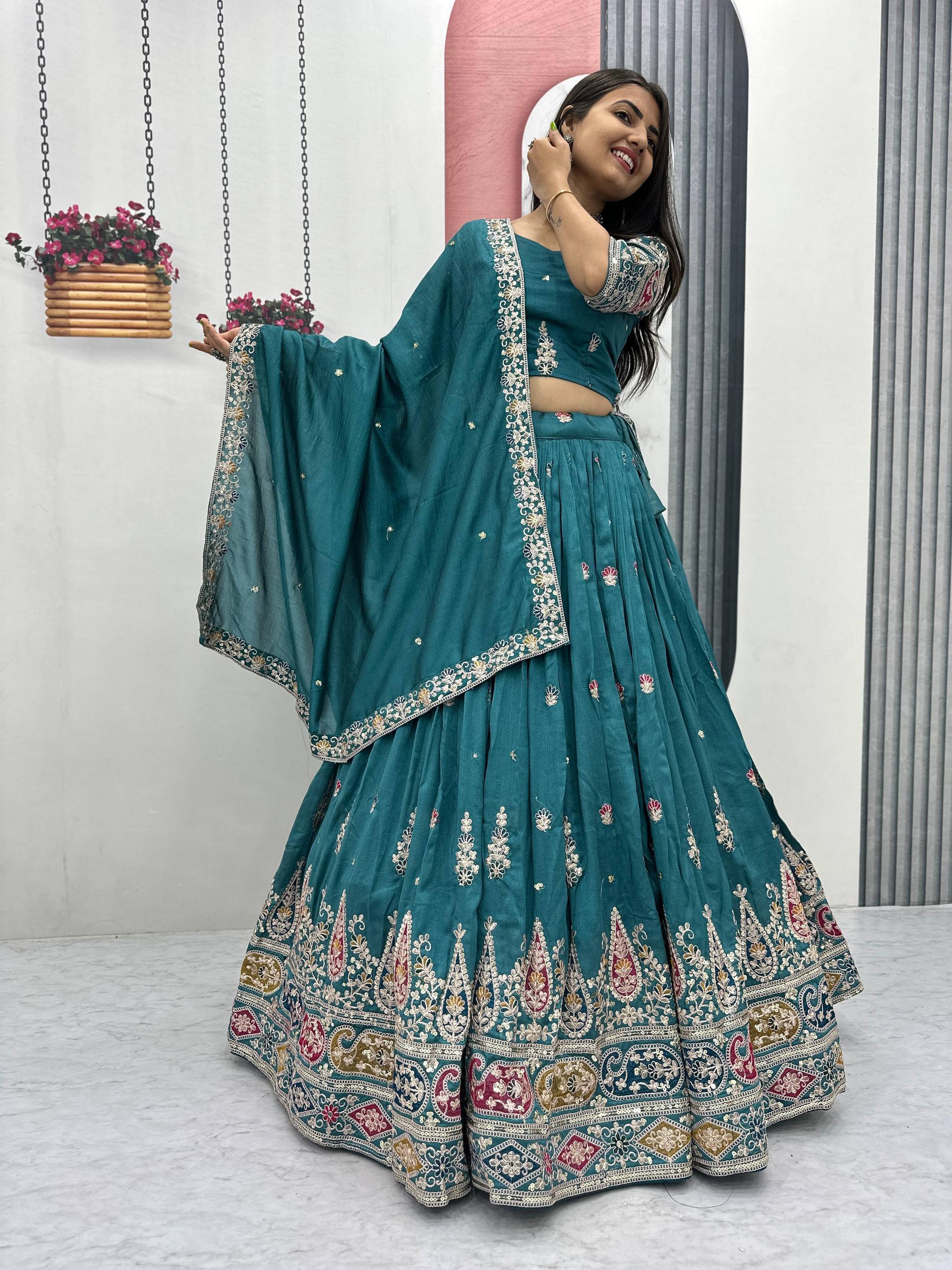 Vichitra Silk Lehenga Set with Sequin and Thread Detailing