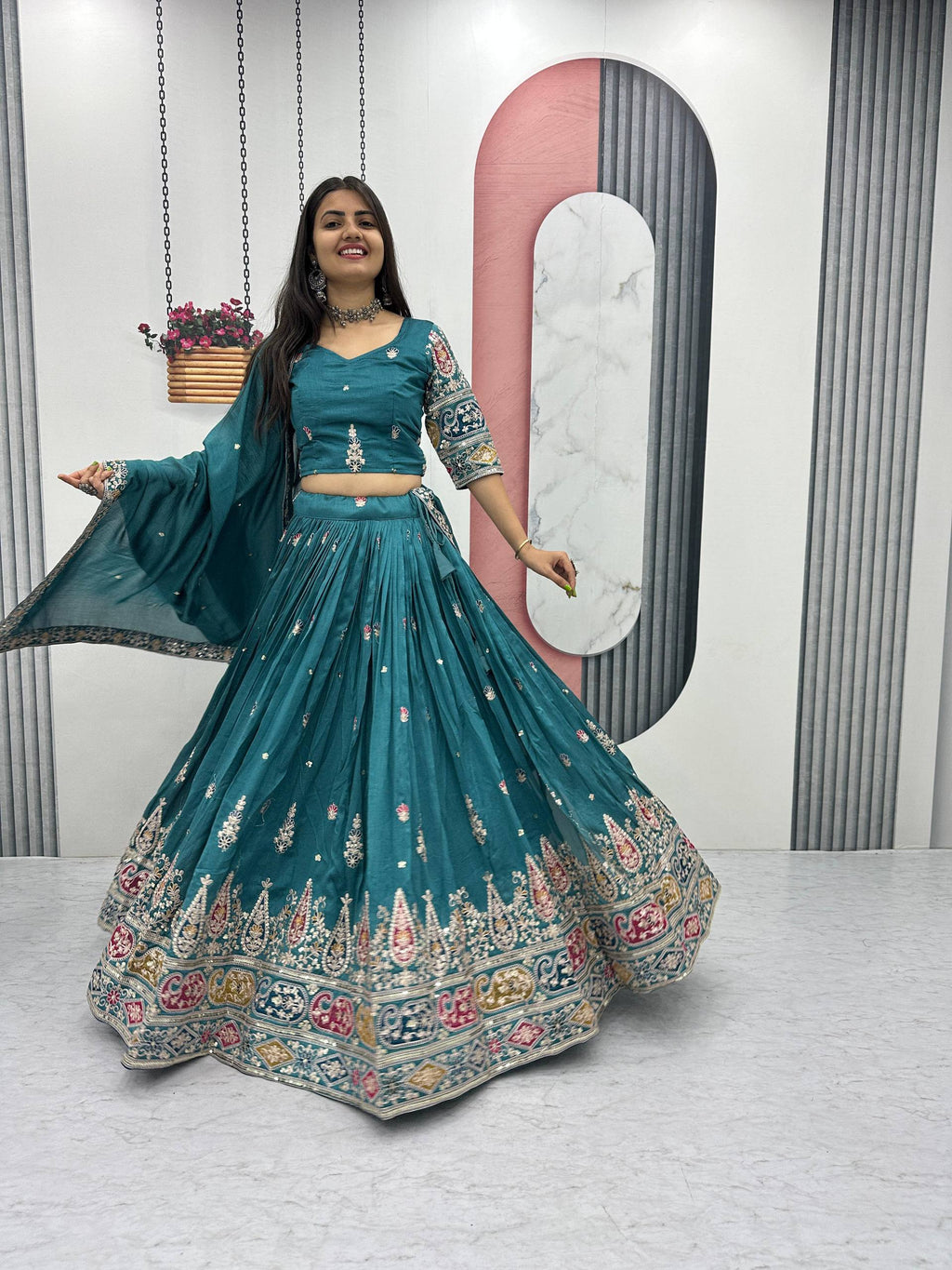 Vichitra Silk Lehenga Set with Sequin and Thread Detailing