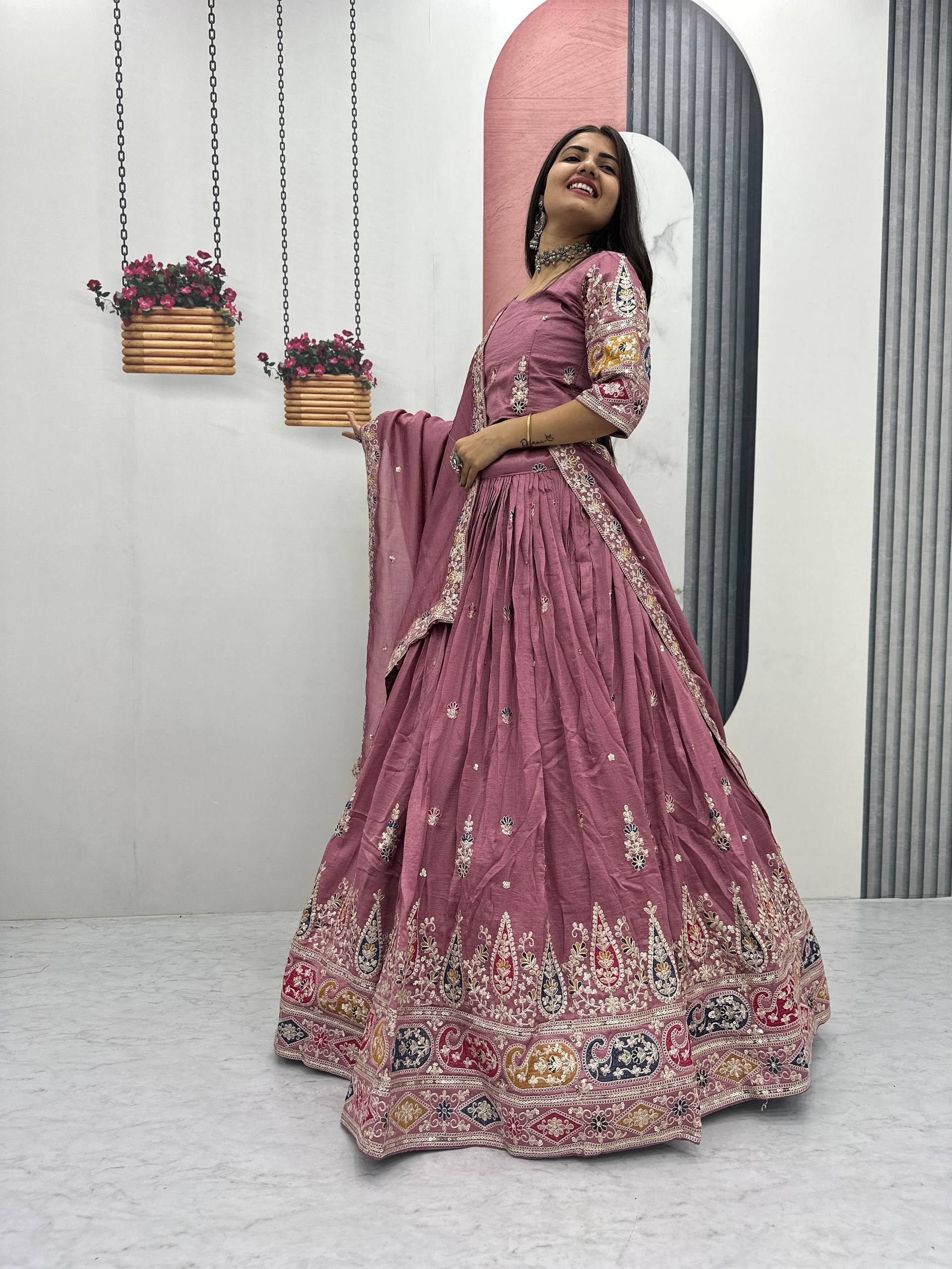Vichitra Silk Lehenga Set with Sequin and Thread Detailing