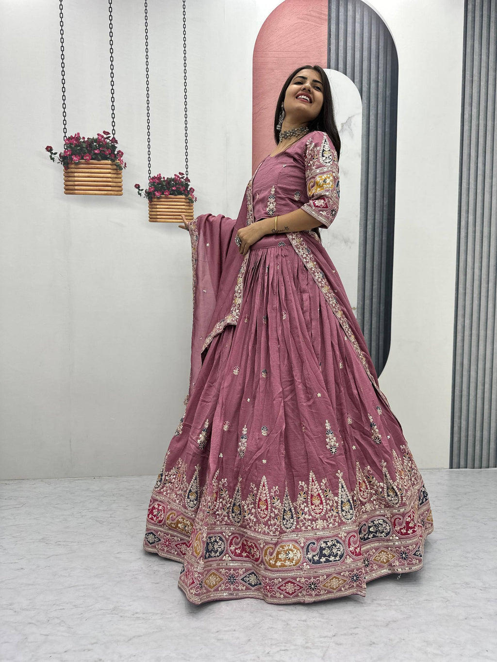 Vichitra Silk Lehenga Set with Sequin and Thread Detailing