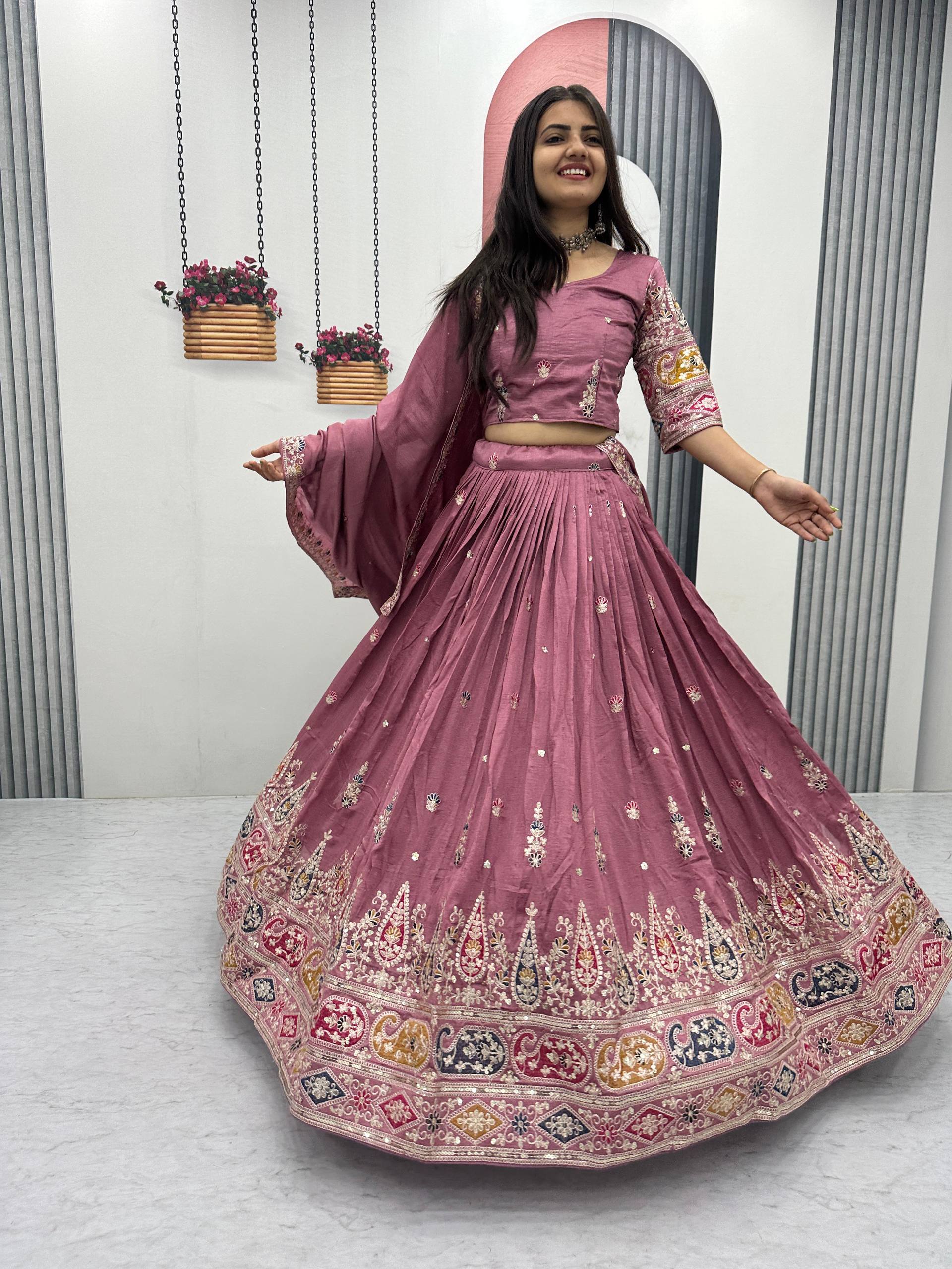 Vichitra Silk Lehenga Set with Sequin and Thread Detailing