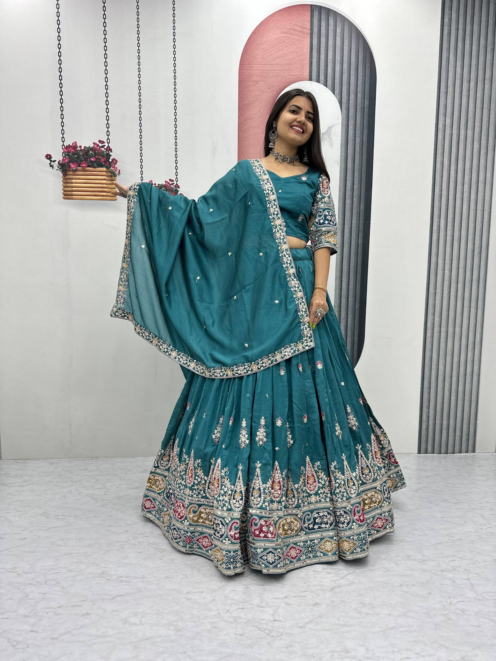 Vichitra Silk Lehenga Set with Sequin and Thread Detailing