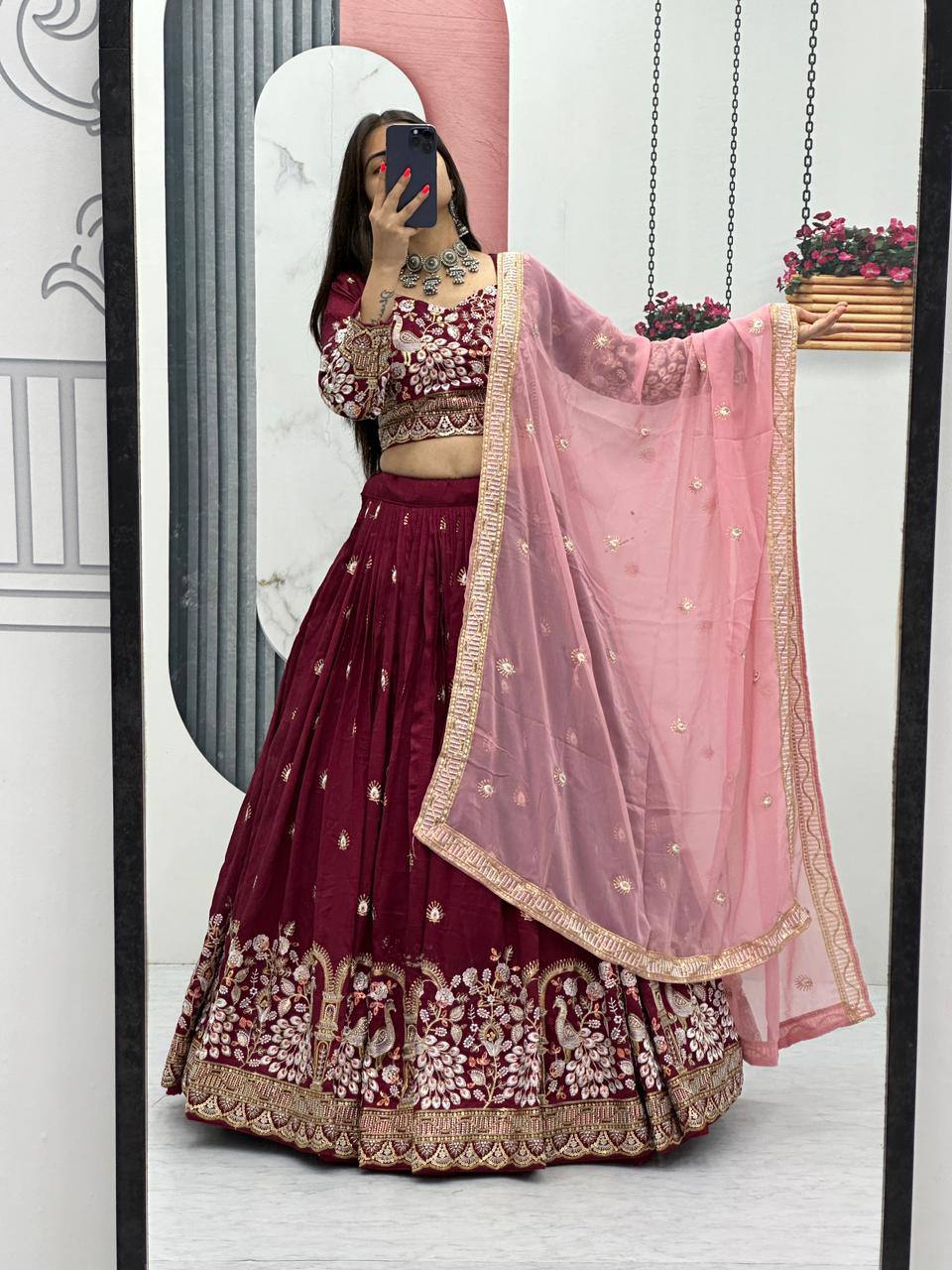 Premium Vichitra Silk with Heavy Embroidery Sequence & Thread Work Lehenga Choli Set